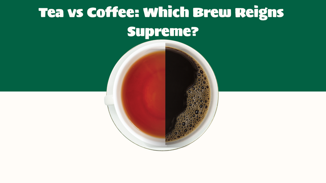 A single cup divided into tea and coffee halves, visually representing the “Tea vs Coffee: Which Brew Reigns Supreme?” debate.